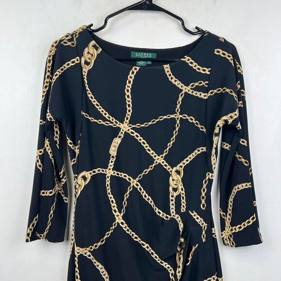 LAUREN RALPH LAUREN Black Gold Chain Link Jersey Dress Boat Neck Pullover Sz 4 - Picture 3 of 8